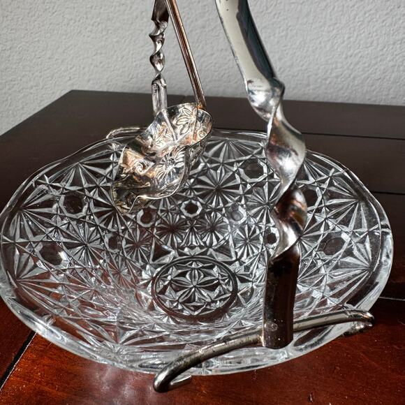 VTG Queen Anne Cut Glass Starburst Silver Plate Spoon Holder Relish Dish 3pcs - Picture 5 of 15